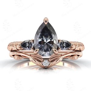 Nature Inspired Grey Spinal Engagement Ring Set Peal Shaped Grey Spinal Gemstone Ring Set Art Deco 2 Piece Wedding Set Antique Leaf Ring Set Nature Inspired Grey Spinal Engagement Ring Set Peal Shaped Grey Spinal Gemstone Ring Set Art Deco 2 Piece Wedding Set Antique Leaf Ring Set