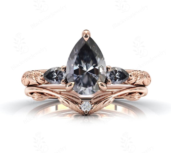 Nature Inspired Grey Spinal Engagement Ring Set Peal Shaped Grey Spinal Gemstone Ring Set Art Deco 2 Piece Wedding Set Antique Leaf Ring Set