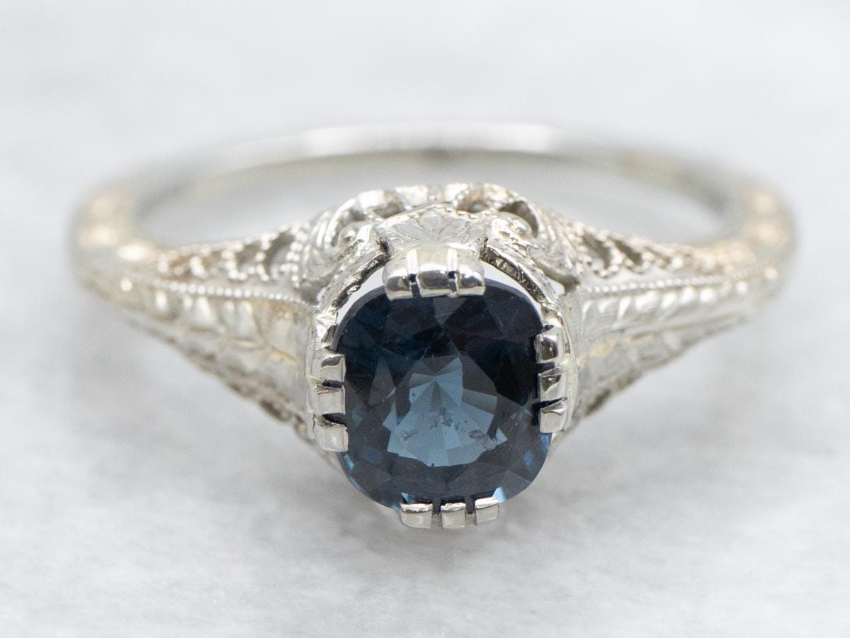 Ostby Barton Blue Spinel Ring, 18k White Gold Art Deco Filigree Ostby Barton Blue Spinel Ring, 18k White Gold Art Deco Filigree