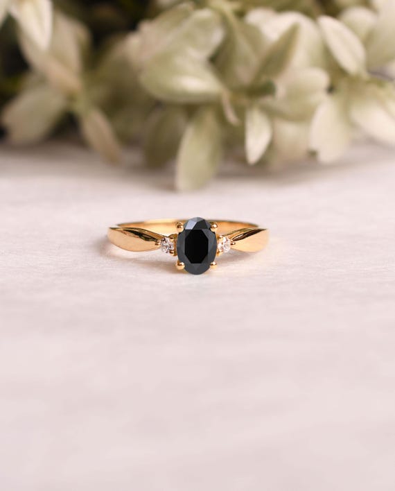Oval Black Spinel Ring: 925 Sterling Silver, Rose Gold Bridal Jewelry