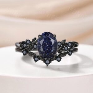 Oval Blue Sandstone Leaf Engagement Ring Set Branch Twig Galaxy Stone Promise Ring Black Spinel Wedding Band Blue Sandstone Bridal Set Gift Oval Blue Sandstone Leaf Engagement Ring Set Branch Twig Galaxy Stone Promise Ring Black Spinel Wedding Band Blue Sandstone Bridal Set Gift