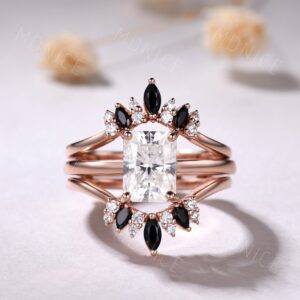 Radiant Cut Moissanite Ring Set: Black Spinel Enhancer Band, Minimalist Ring Radiant Cut Moissanite Ring Set: Black Spinel Enhancer Band, Minimalist Ring