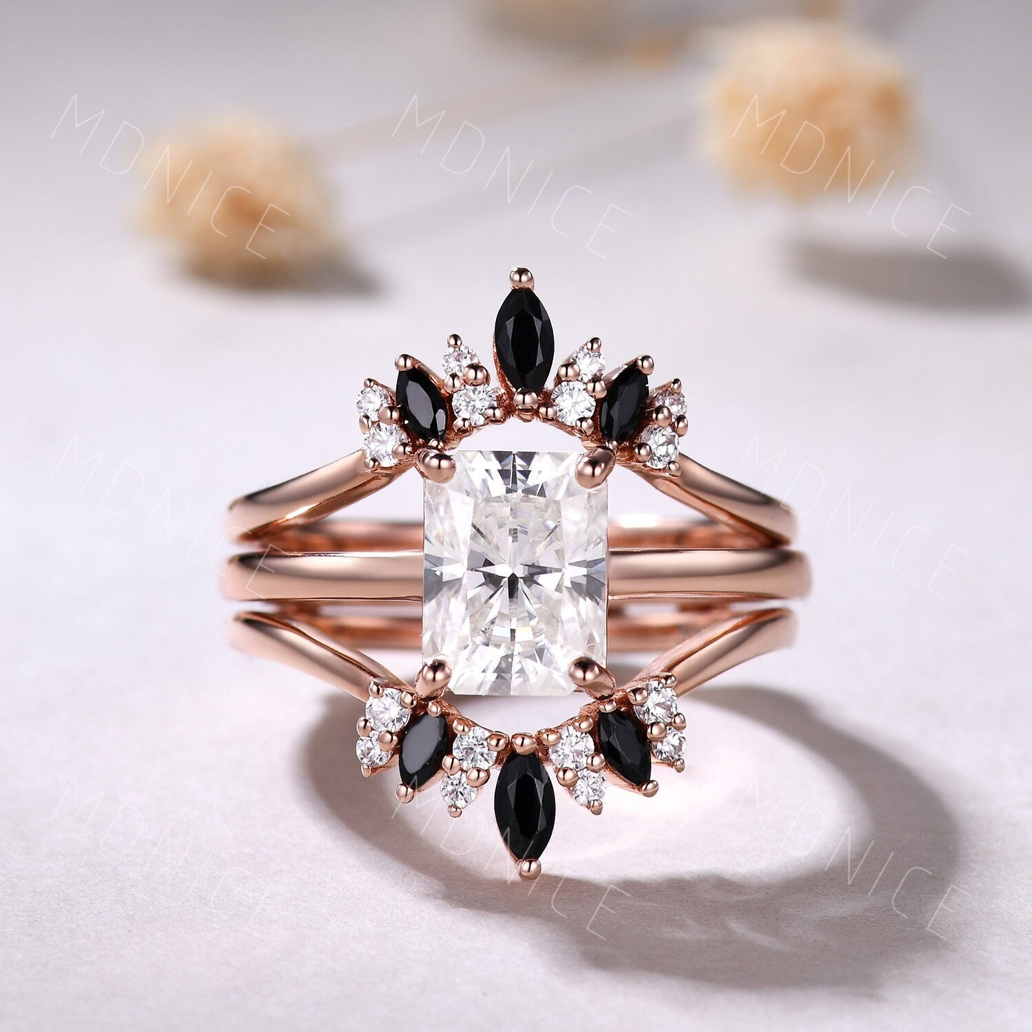 Radiant Cut Moissanite Ring Set: Black Spinel Enhancer Band, Minimalist Ring