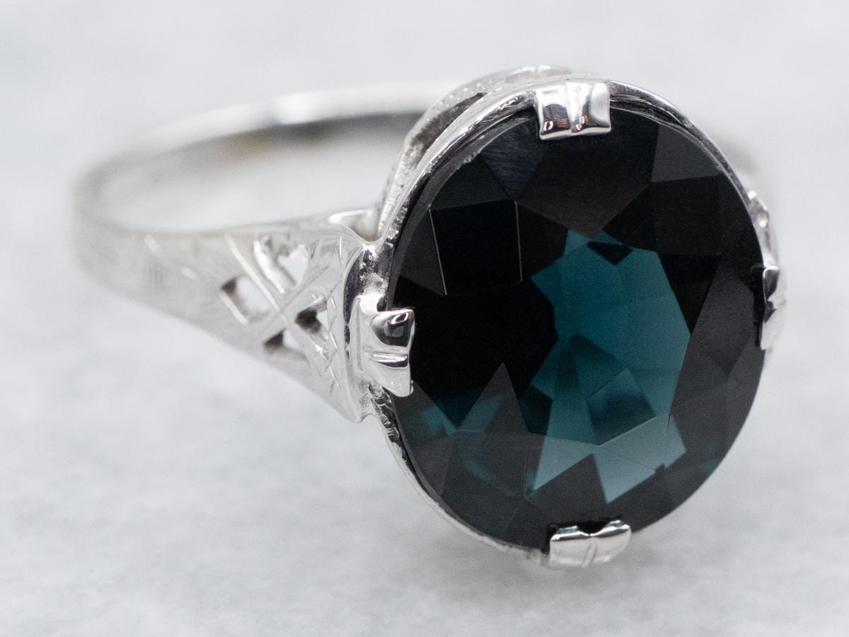 Teal Spinel Solitaire Ring, Platinum & 14k White Gold