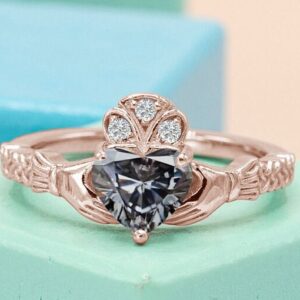 Vintage Art Deco Grey Spinel Engagement Ring Heart Shaped Claddagh Style Wedding Ring Antique Grey Gemstone Bridal Ring Anniversary Gift