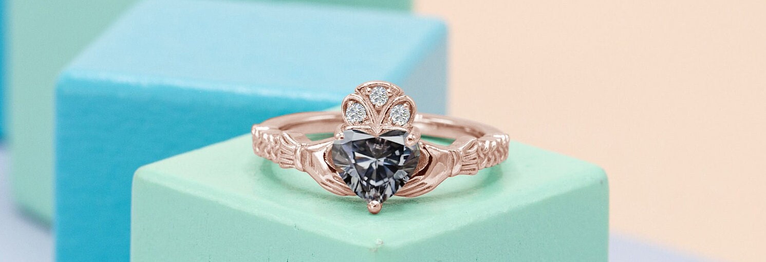 Vintage Art Deco Grey Spinel Engagement Ring Heart Shaped Claddagh Style Wedding Ring Antique Grey Gemstone Bridal Ring Anniversary Gift