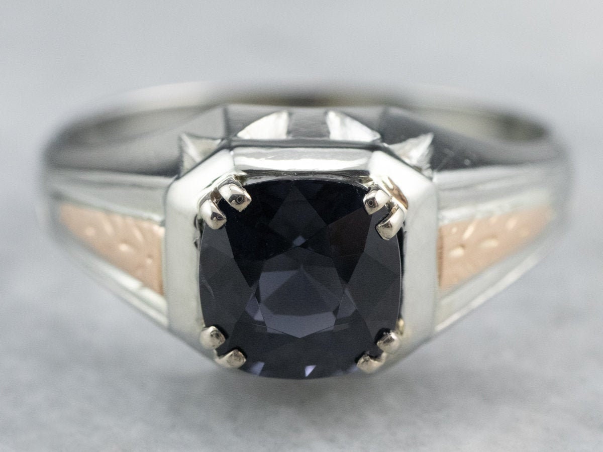 Vintage Teal Spinel Ring, 18k Two Tone Gold, Square Cushion Cut Vintage Teal Spinel Ring, 18k Two Tone Gold, Square Cushion Cut