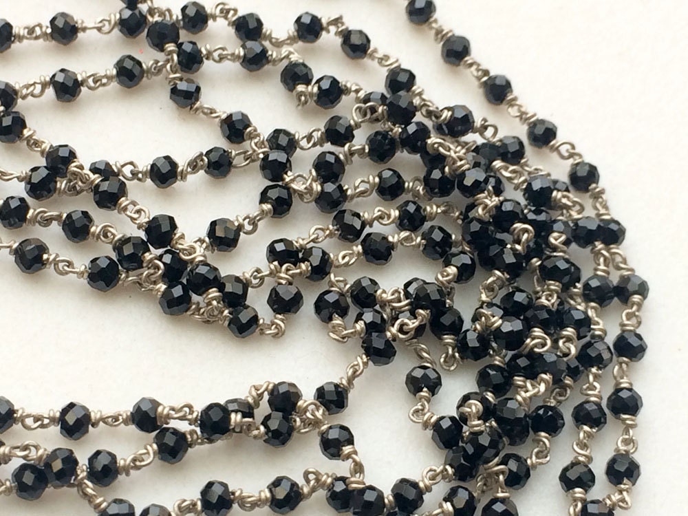 2.5mm Black Spinel Faceted Rondelle Beads In 925 Silver Wire Wrapped Rosary Style Chain Black Spinel Beaded Chain ( 1foot To 5feet Options) 2.5mm Black Spinel Faceted Rondelle Beads In 925 Silver Wire Wrapped Rosary Style Chain Black Spinel Beaded Chain ( 1foot To 5feet Options)