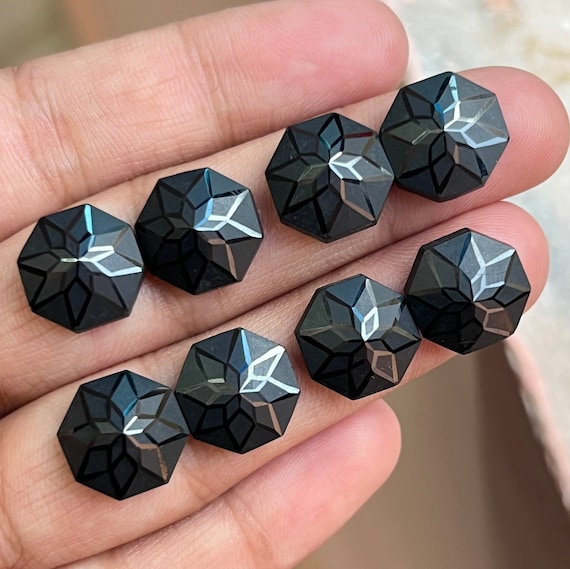 Aaa Black Spinel Gemstone: 12mm Hand Cut Carved Spinel, 4 Pairs Lot