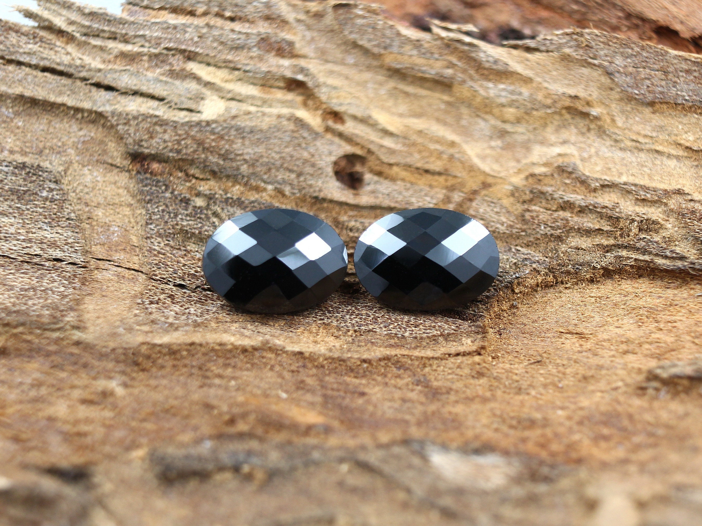 Natural Black Spinel Loose Gemstone Pair, Oval Checkerboard Cut - 10x13mm, 13.21ct