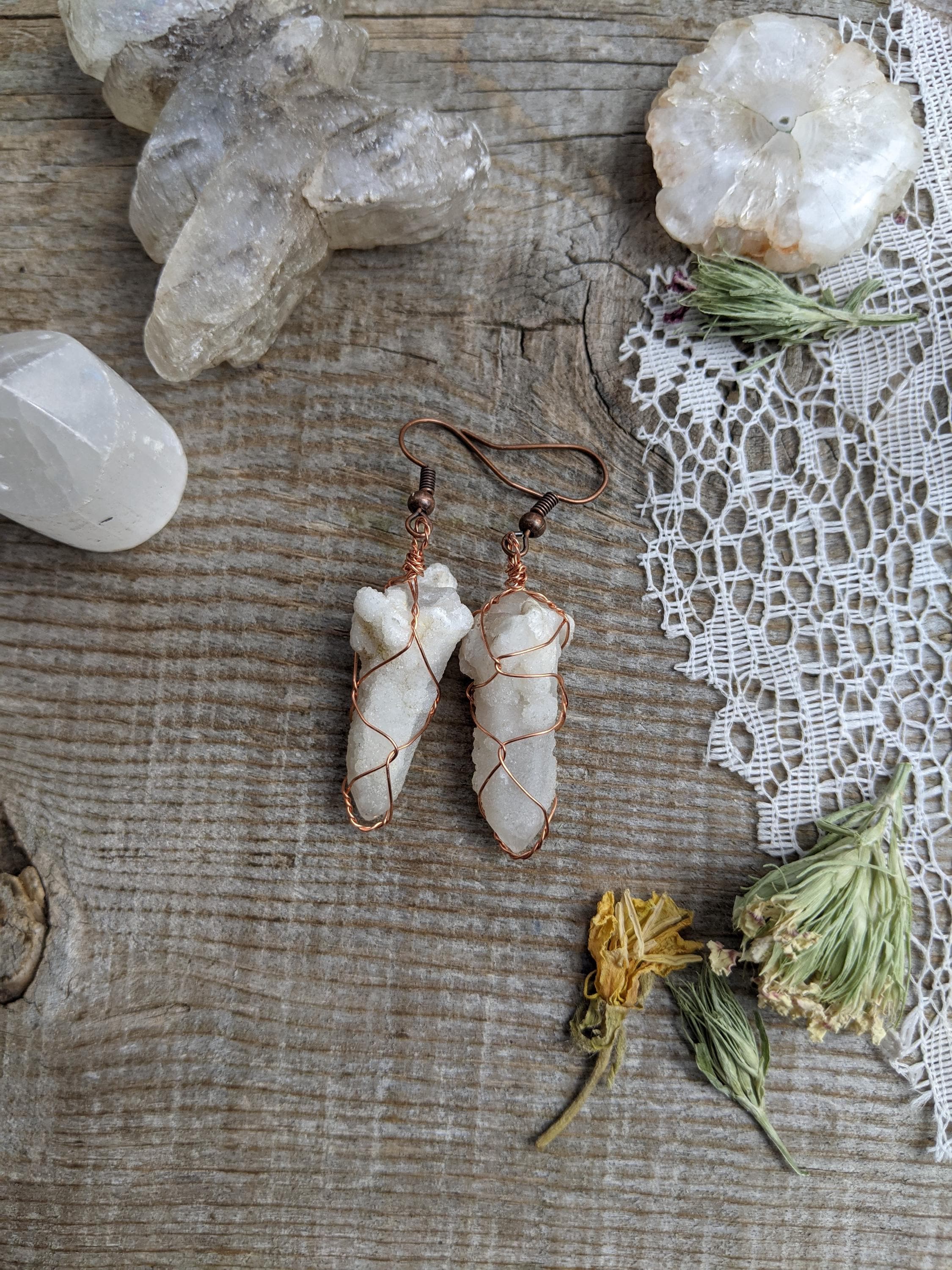 Pure Copper Spirit Quartz Earrings, Natural Spirit Quartz Crystal Earrings, White Spirit Quartz Earrings, Spirit Citrine, Raw Spirit Quartz