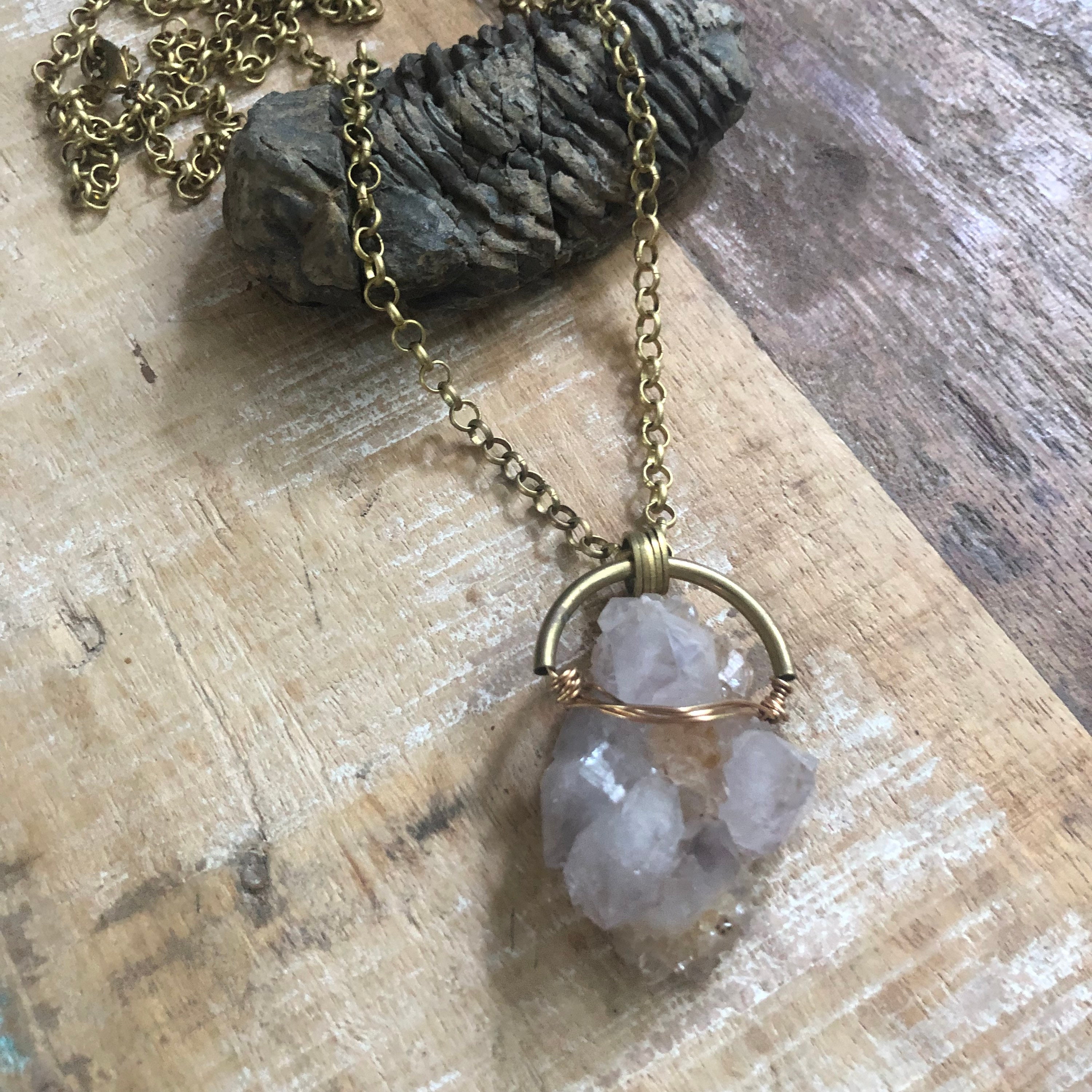 Large Spirit Quartz And Brass Necklace