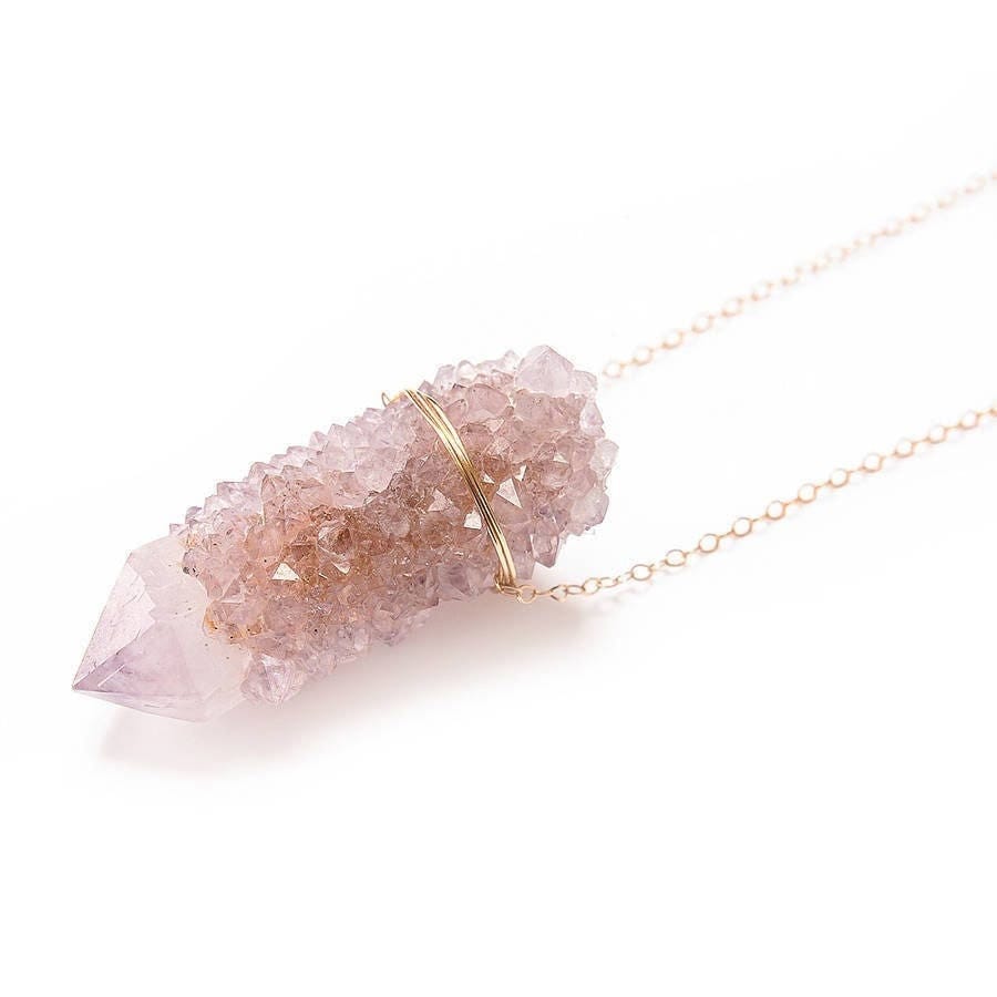 Lavender Spirit Quartz Gold Filled Necklace: Raw Cactus Crystal Pendant - Handmade Boho Crystal Jewelry