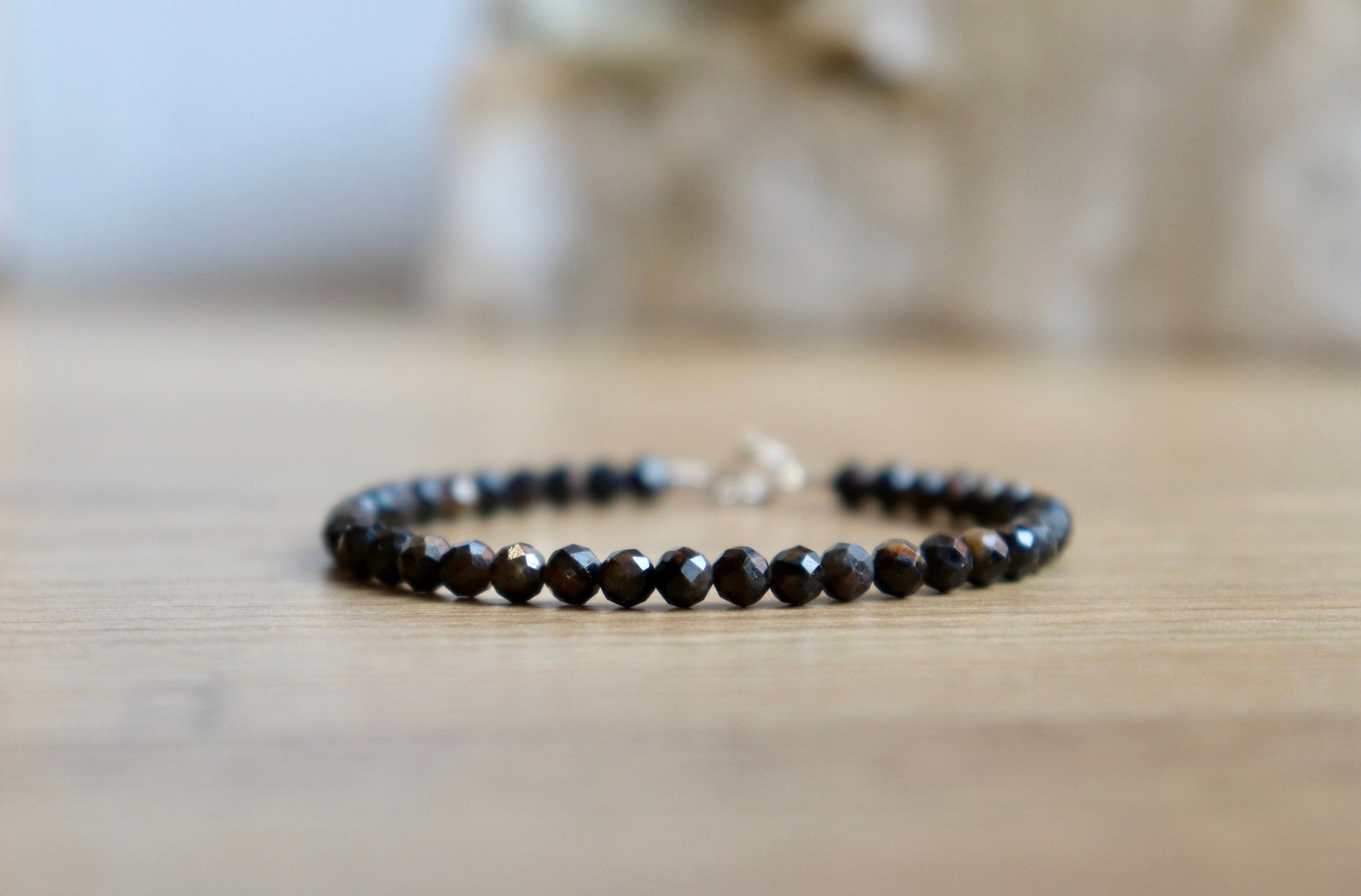 Black Star Sapphire Bracelet Rare, Genuine Dark Sapphire Jewelry, 4mm Bead Bracelet, Sterling Silver Clasp, September Birthstone