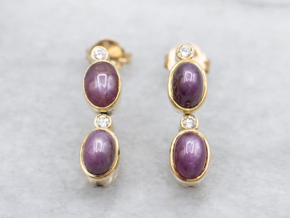 14k Yellow Gold Star Sapphire Diamond Drop Earrings
