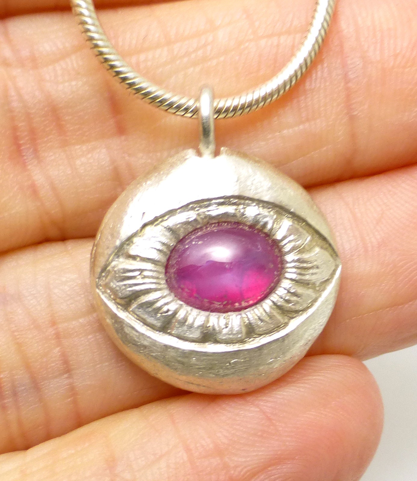Pink Linde Star Sapphire Fine Silver Necklace All Seeing Evil Eye Handmade Lisajoy Sachs Design Chain 16 Inches Long Mothers Day