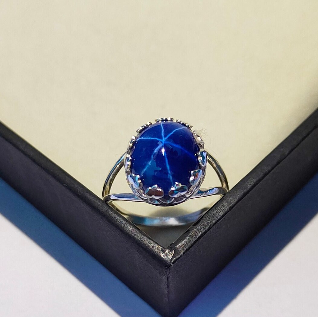 Blue Star Sapphire Ring, Blue Lindy Star Sapphire Ring, Oval Blue Star Sapphire Ring, 925 Sterling Silver Ring, Sapphire Engagement Ring