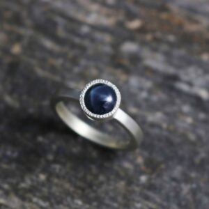 Star Sapphire Sterling Silver Ring, Blue Sapphire, Textured Bezel Ring, 6.5mm Round Gemstone,