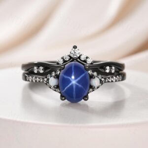 Vintage Art Deco Black Gold Star Sapphire Engagement Ring Set