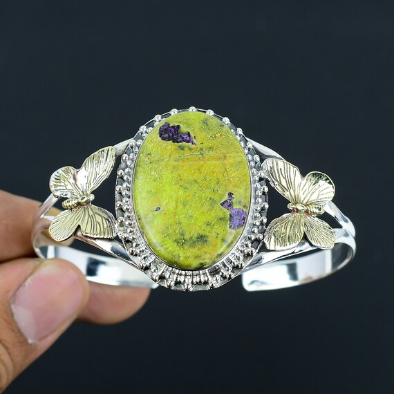 Stichtite Cuff Bracelet: Handmade 925 Sterling Silver 18k Gold Butterfly Bangle