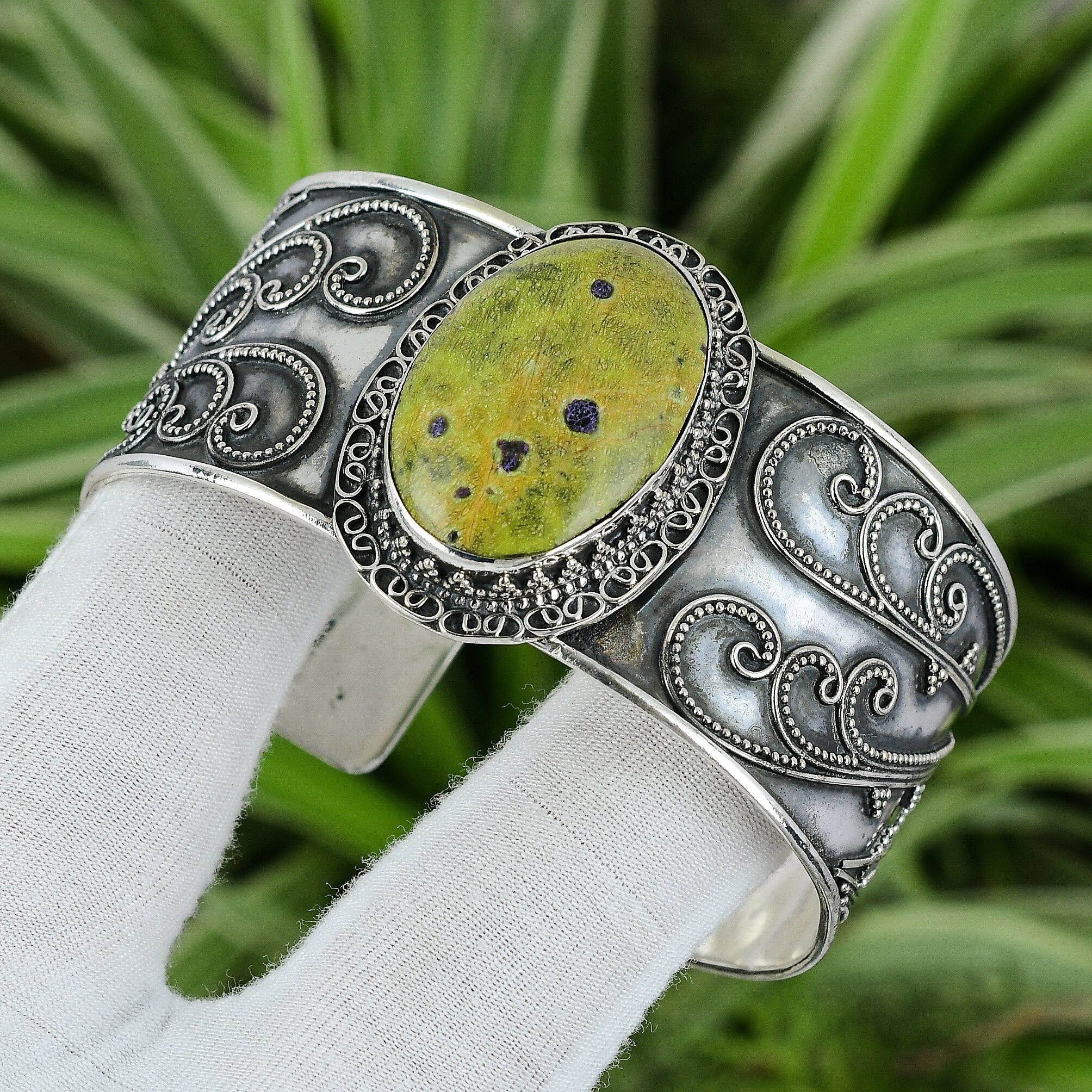 Handmade Stichtite Cuff Bracelet: 925 Sterling Silver Adjustable Bangle