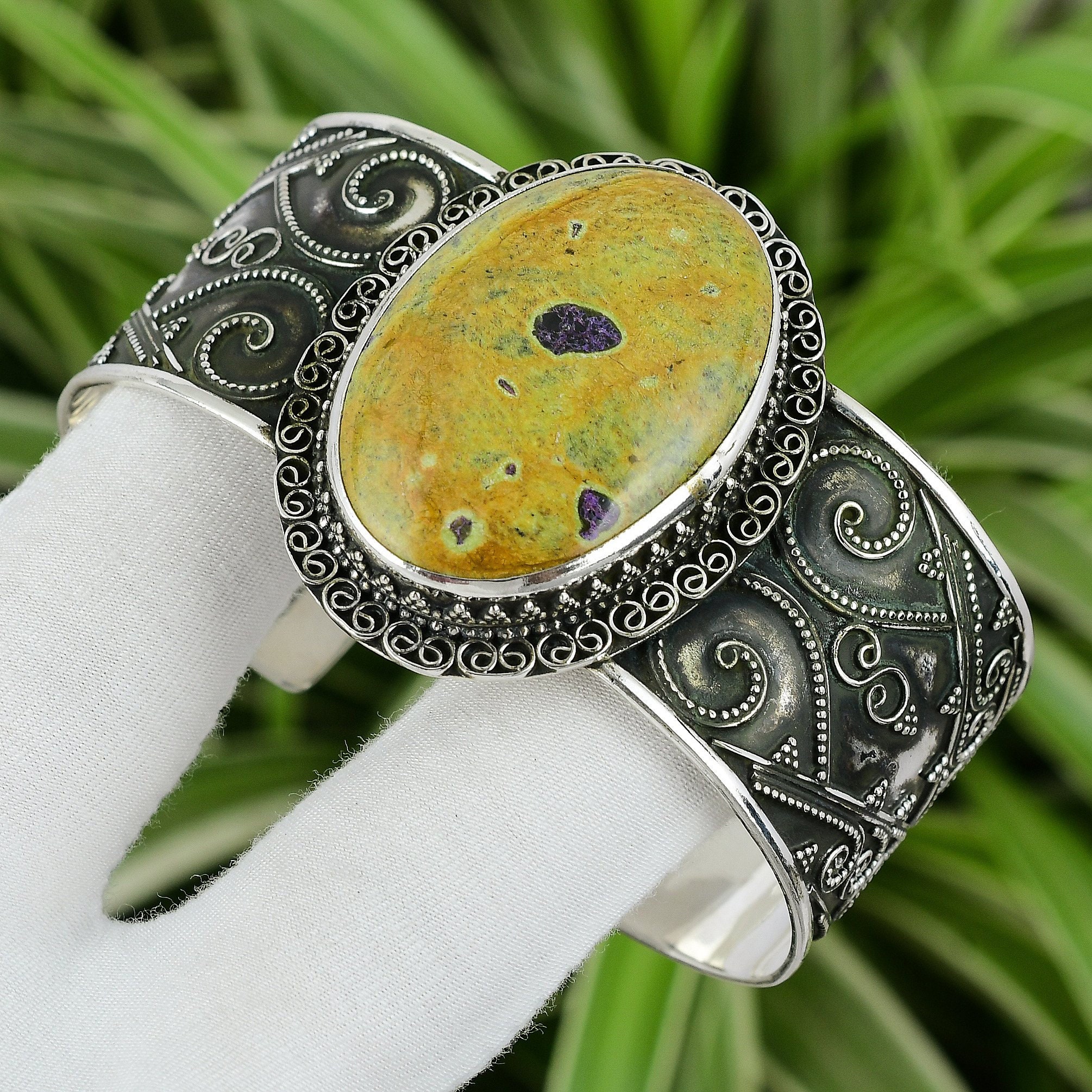 Handmade Stichtite Cuff Bracelet: 925 Sterling Silver Adjustable Bangle