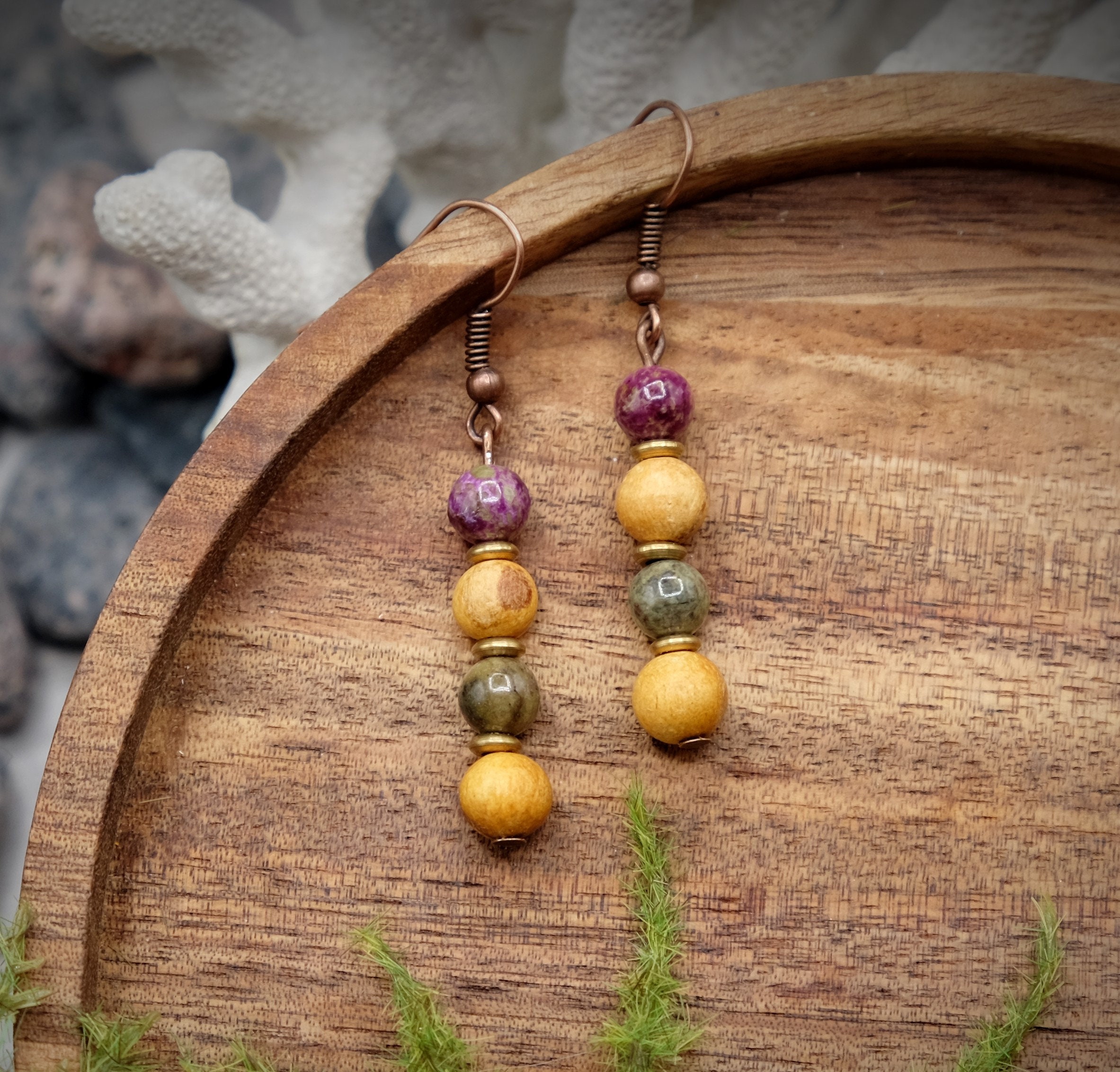 Palo Santo Atlantisite Stichtite 6mm Dangle Drop Earrings Antique Copper Boho Jewelry