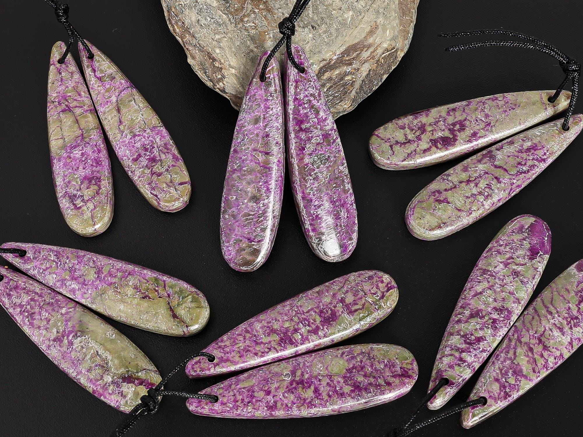 Purple Green Atlantisite Stichtite Teardrop Earring Pair Grade Aa Drilled Matched One Of A Kind Natural Gemstone