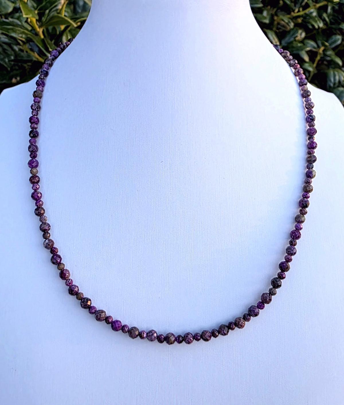 Atlantisite Gemstone Beaded Necklace Sterling Silver, Purple And Green, Serpentine, Stichtite, 17 Inch, Handmade, Dainty, Delicate, Layering