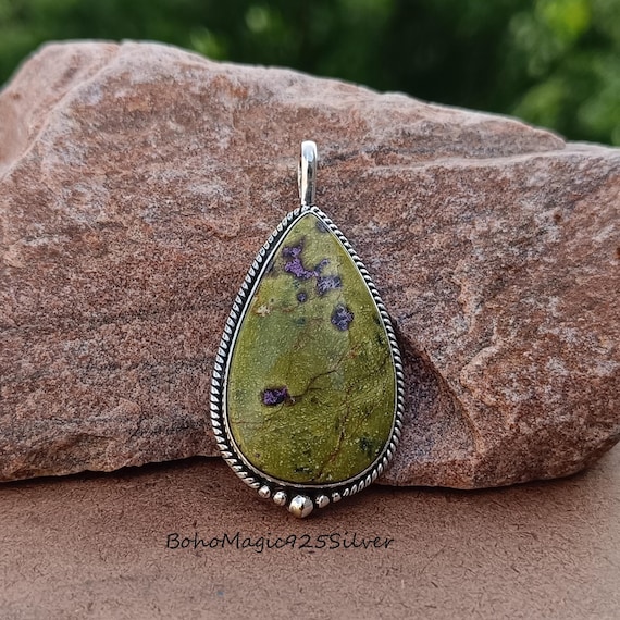 Handmade Stichtite Pendant: 925 Sterling Silver Pear Necklace