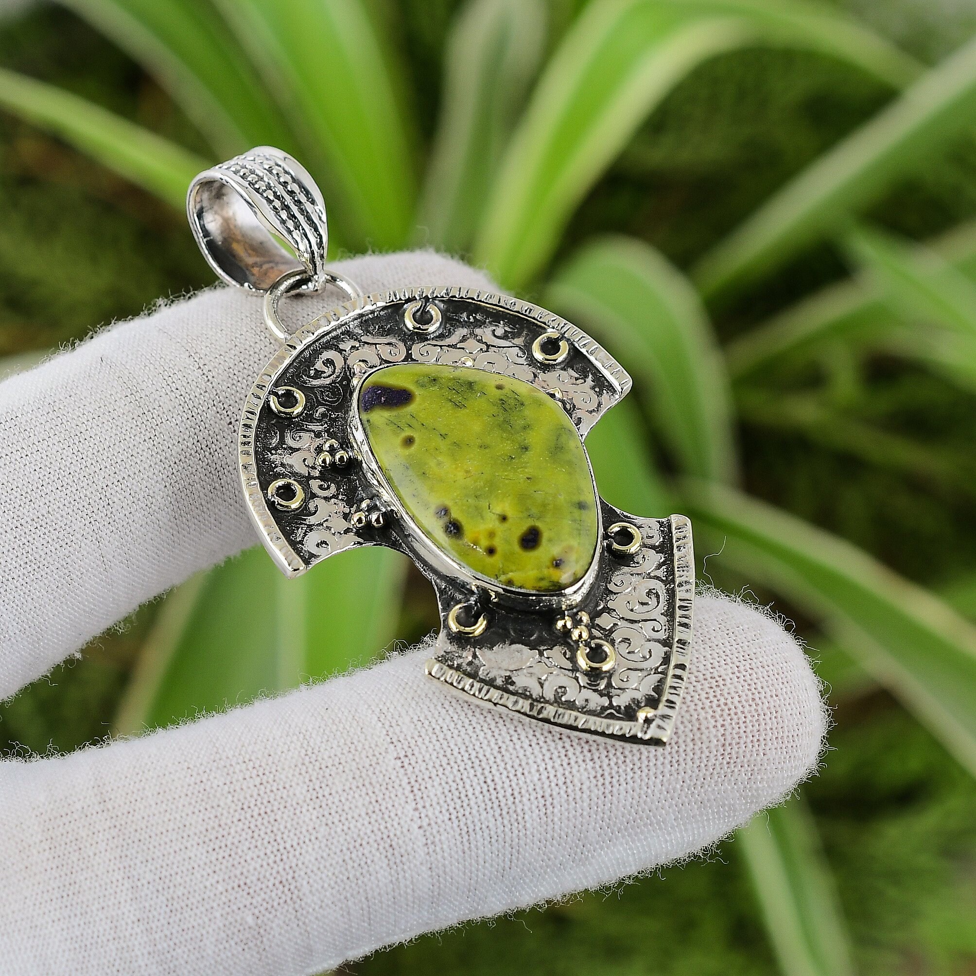 Handmade Stichtite Pendant: 925 Sterling Silver, 18k Gold Plated