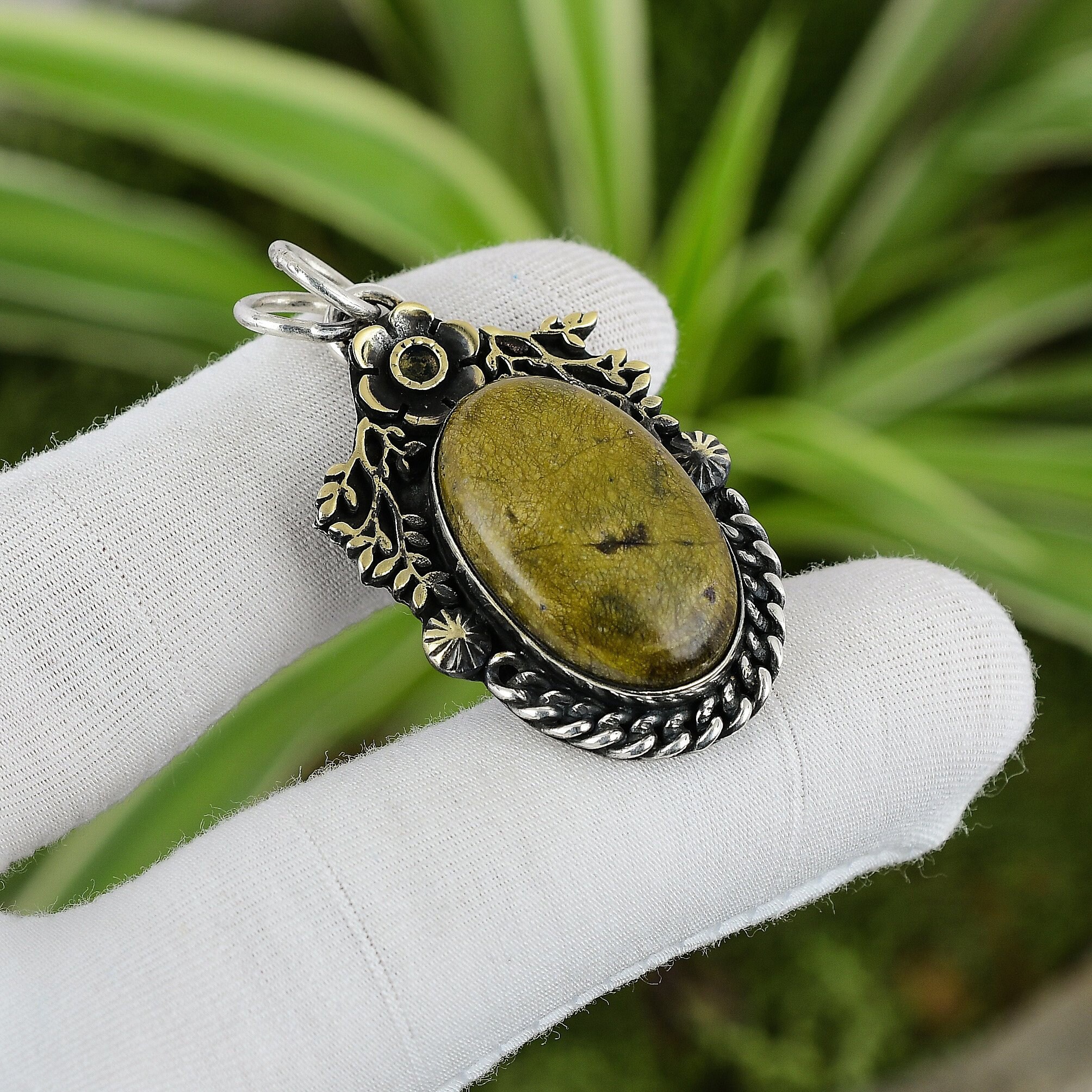 Handmade Stichtite Pendant: 925 Sterling Silver, 18k Gold Plated