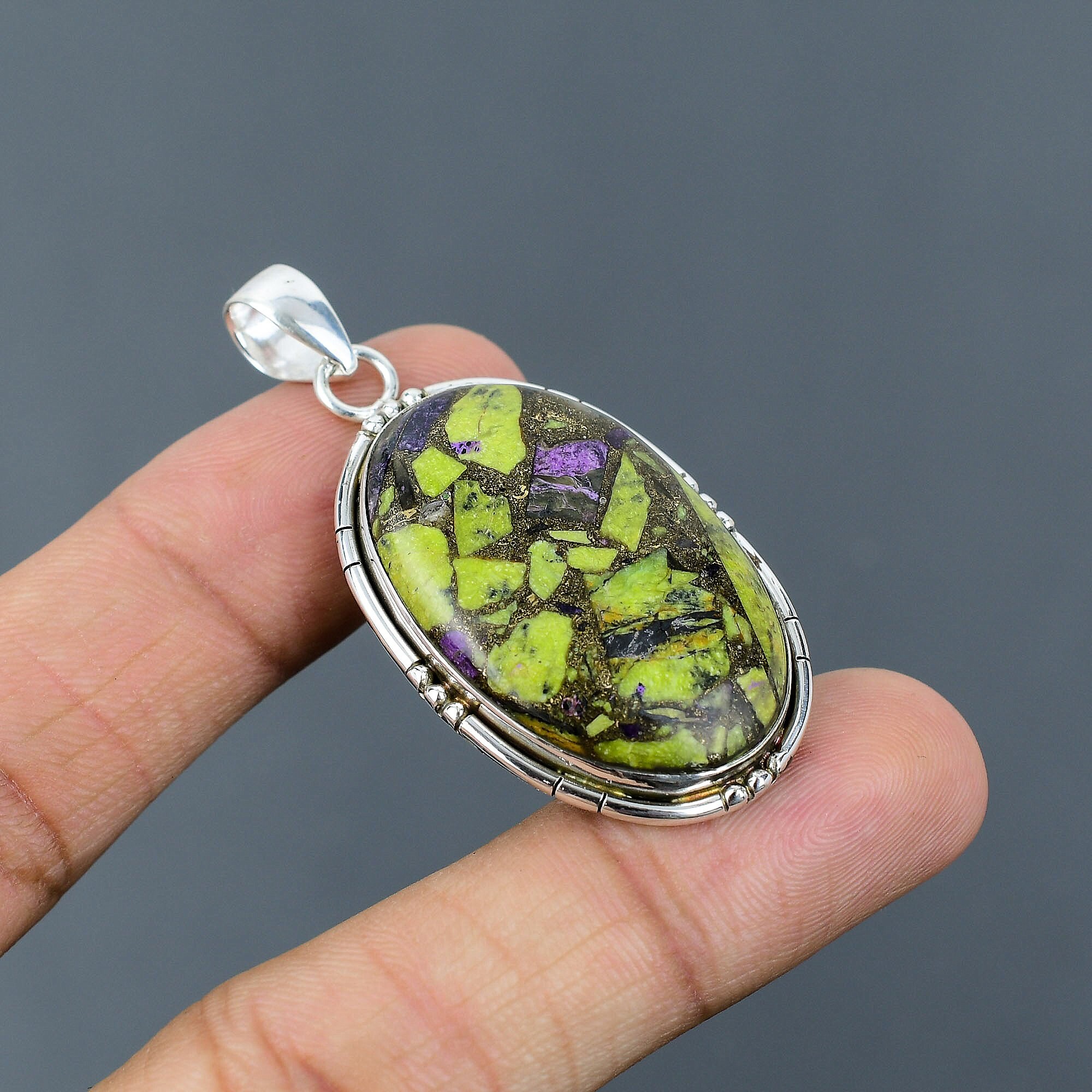 Handmade Copper Stichtite Pendant: 925 Sterling Silver Gemstone Jewelry