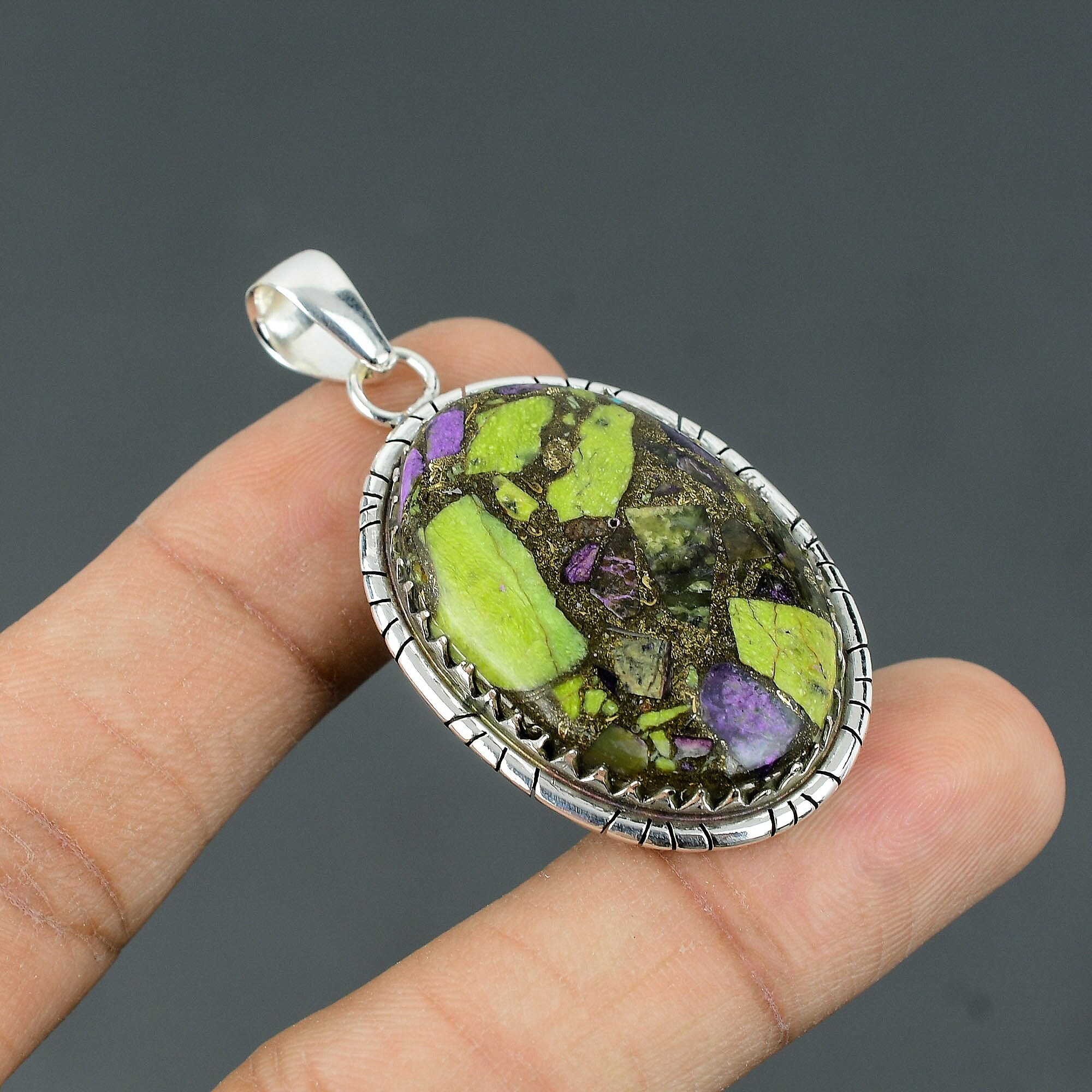 Handmade Copper Stichtite Pendant: 925 Sterling Silver Gemstone Jewelry