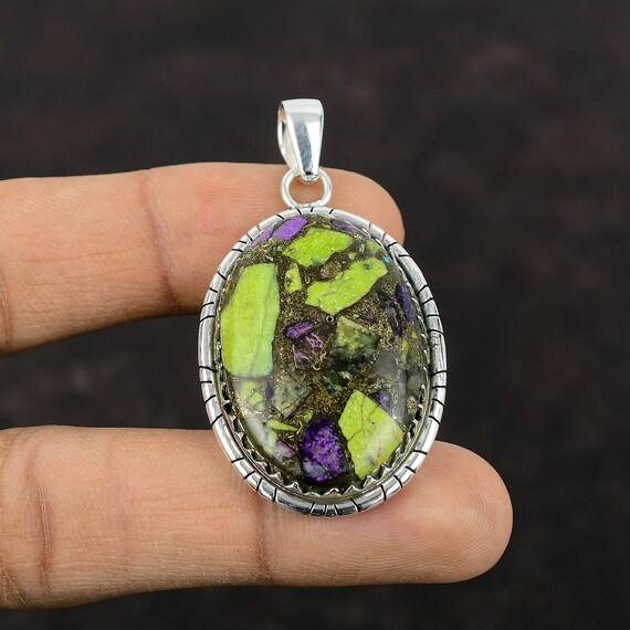Handmade Copper Stichtite Pendant: 925 Sterling Silver Boho Jewelry