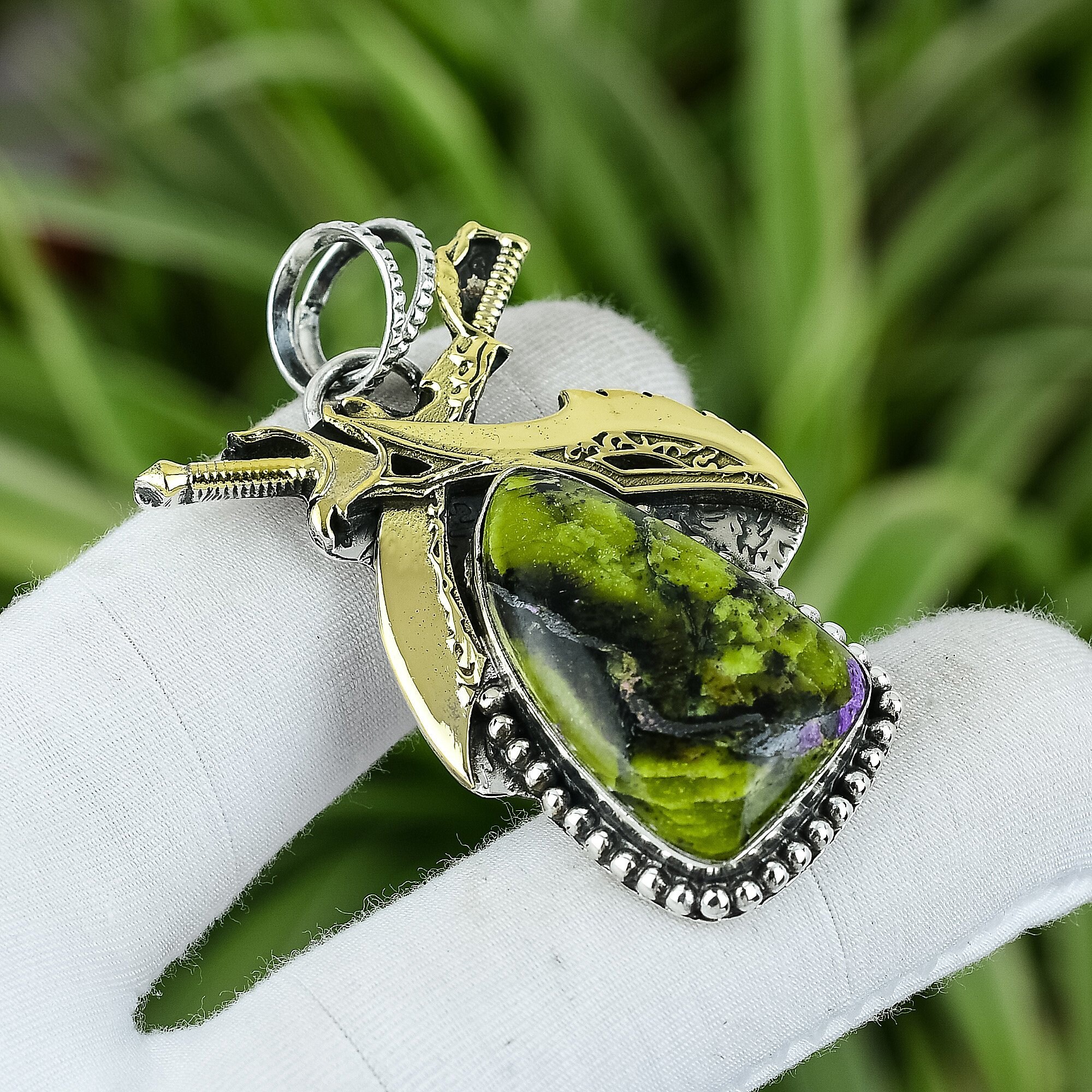Handmade Stichtite Sword Pendant: 925 Sterling Silver, 18k Gold Plated