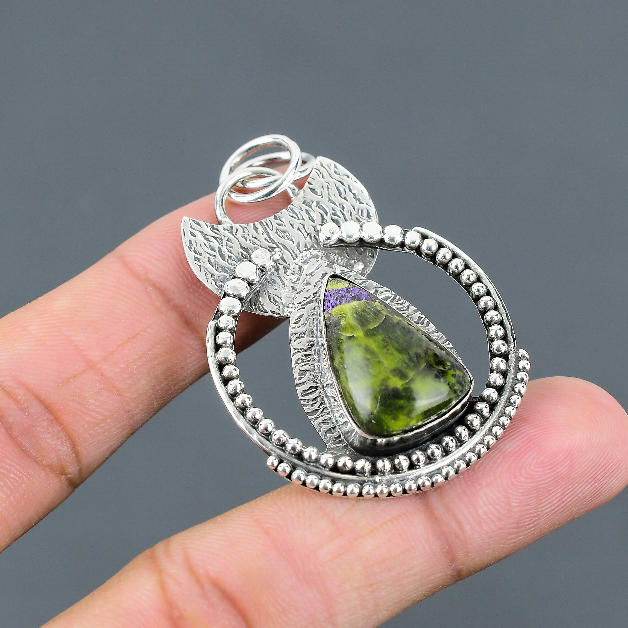Handmade Stichtite Pendant: Trillion 925 Sterling Silver Boho Jewelry
