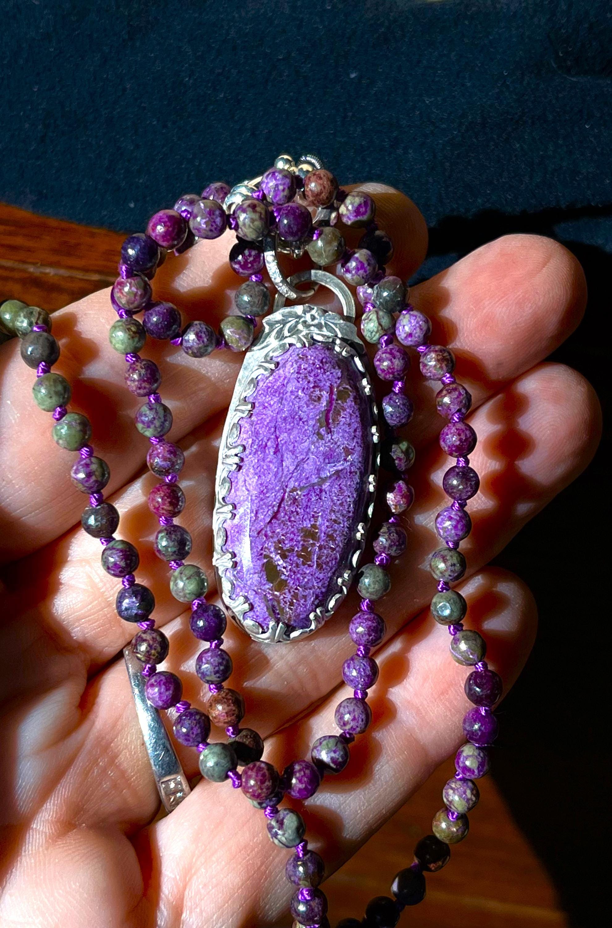 Purple Stichtite Pendant, Atlantisite Bead Necklace, Sterling Silver Setting, Silk Hand Knotted Necklace,