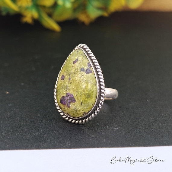 Handcrafted Stichtite Gemstone Ring: Pear Shape Sterling Silver Boho Jewelry