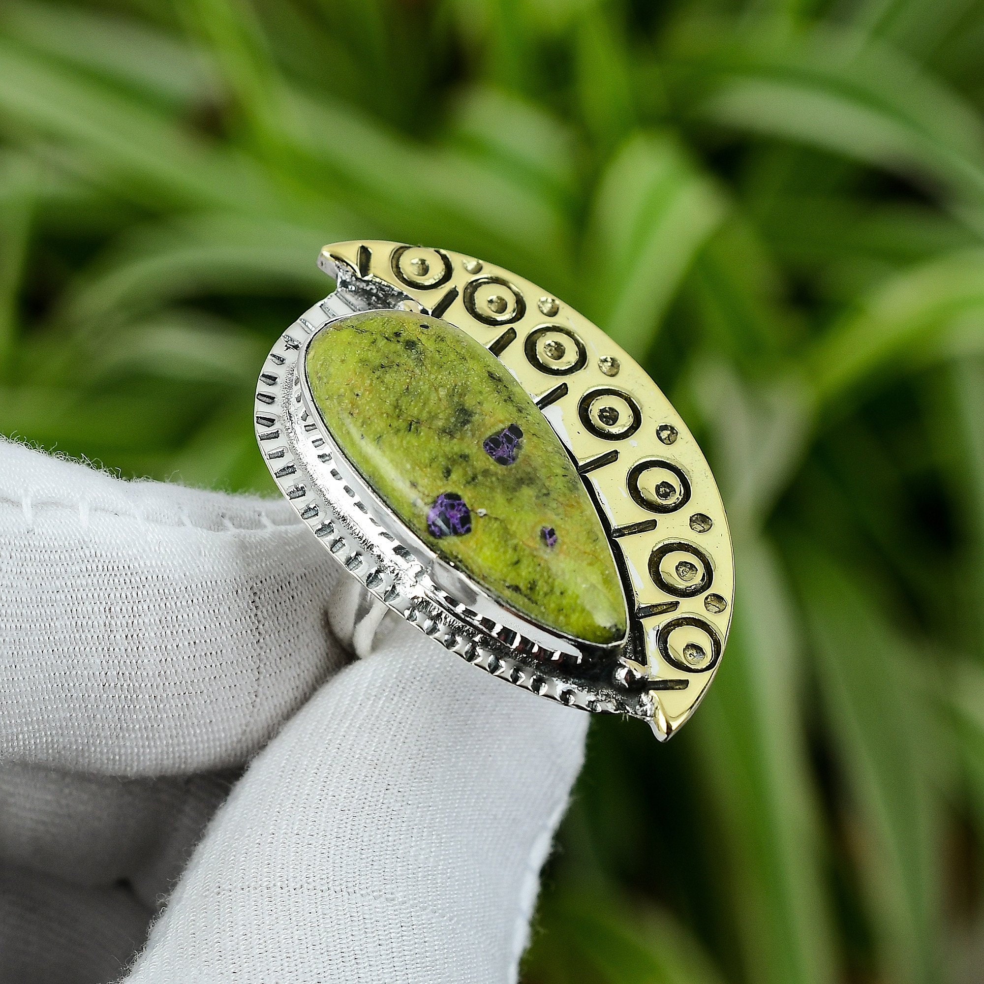 Handmade Pear Stichtite Ring: 18k Gold Plated 925 Sterling Silver Adjustable Band
