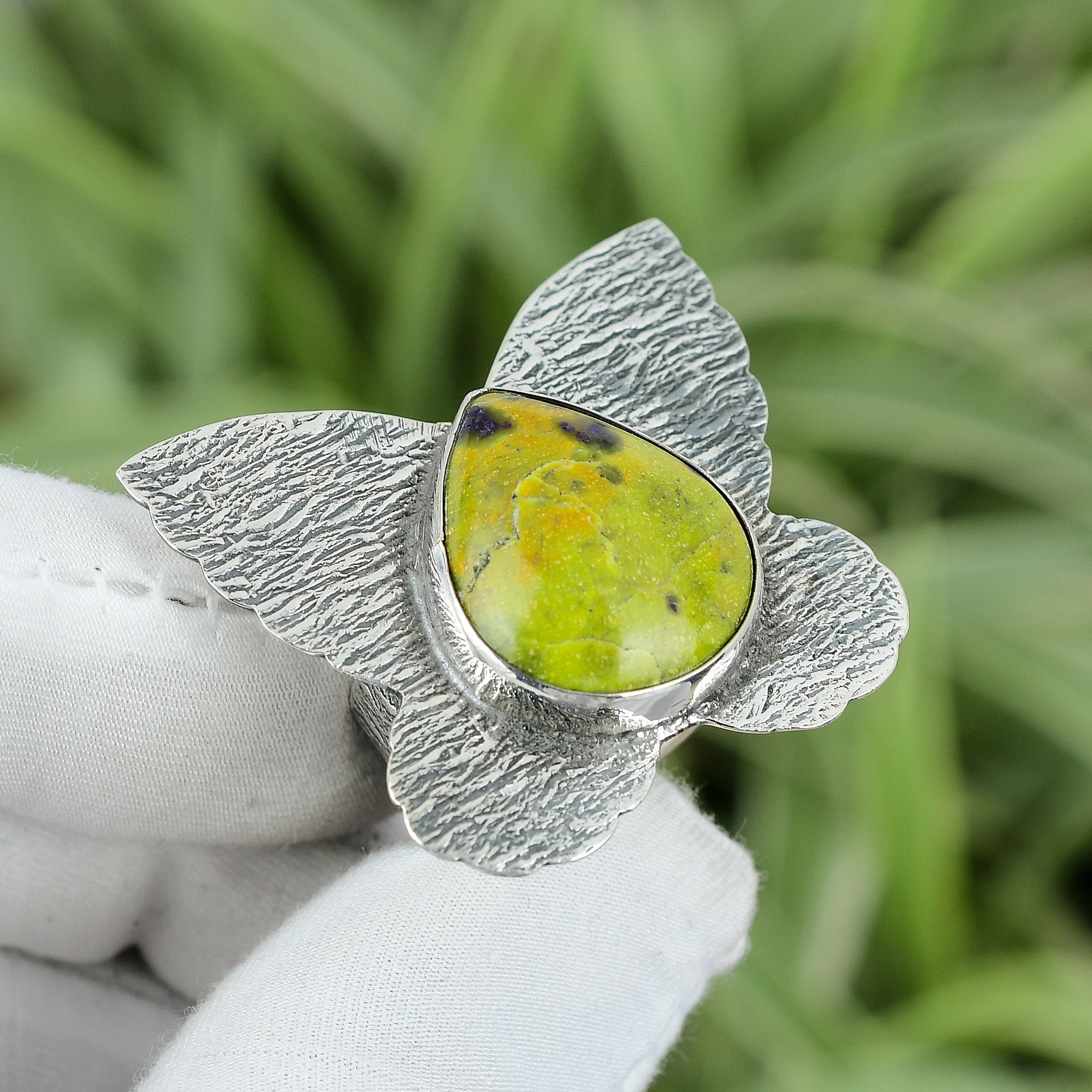 Handmade Stichtite Ring: Pear Gemstone, Sterling Silver, Size 8