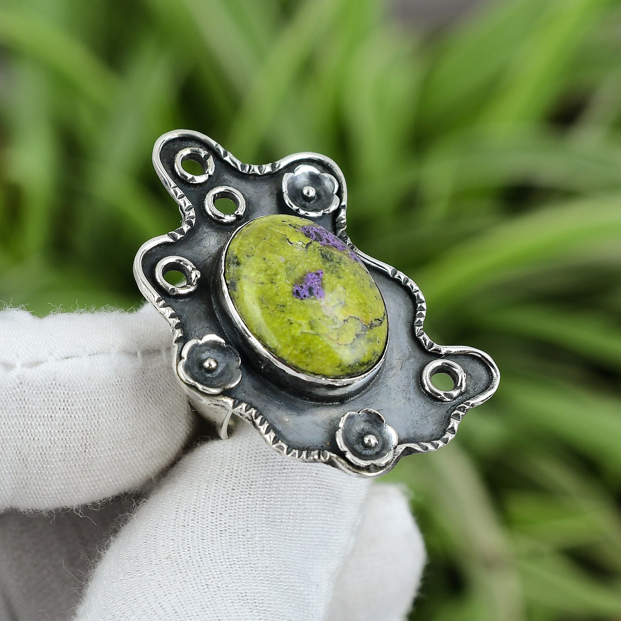 Handmade Stichtite Ring: Sterling Silver Boho Statement Jewelry, Size 7.5