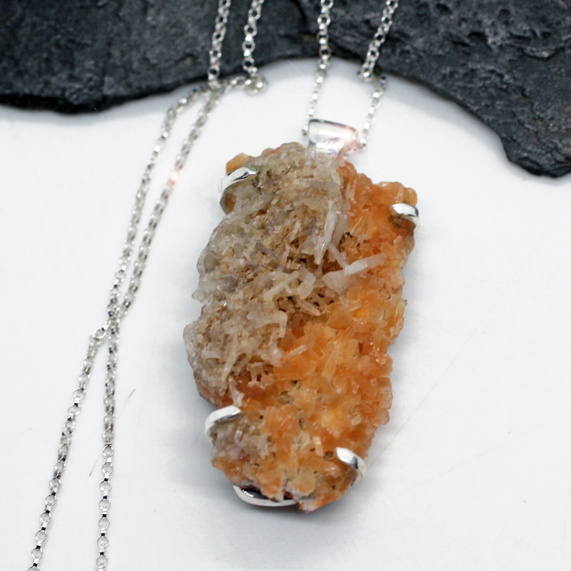 Orange Sugar - Beautiful Orange Heulandite With Stilbite Crystals Sterling Silver Necklace Orange Sugar - Beautiful Orange Heulandite With Stilbite Crystals Sterling Silver Necklace