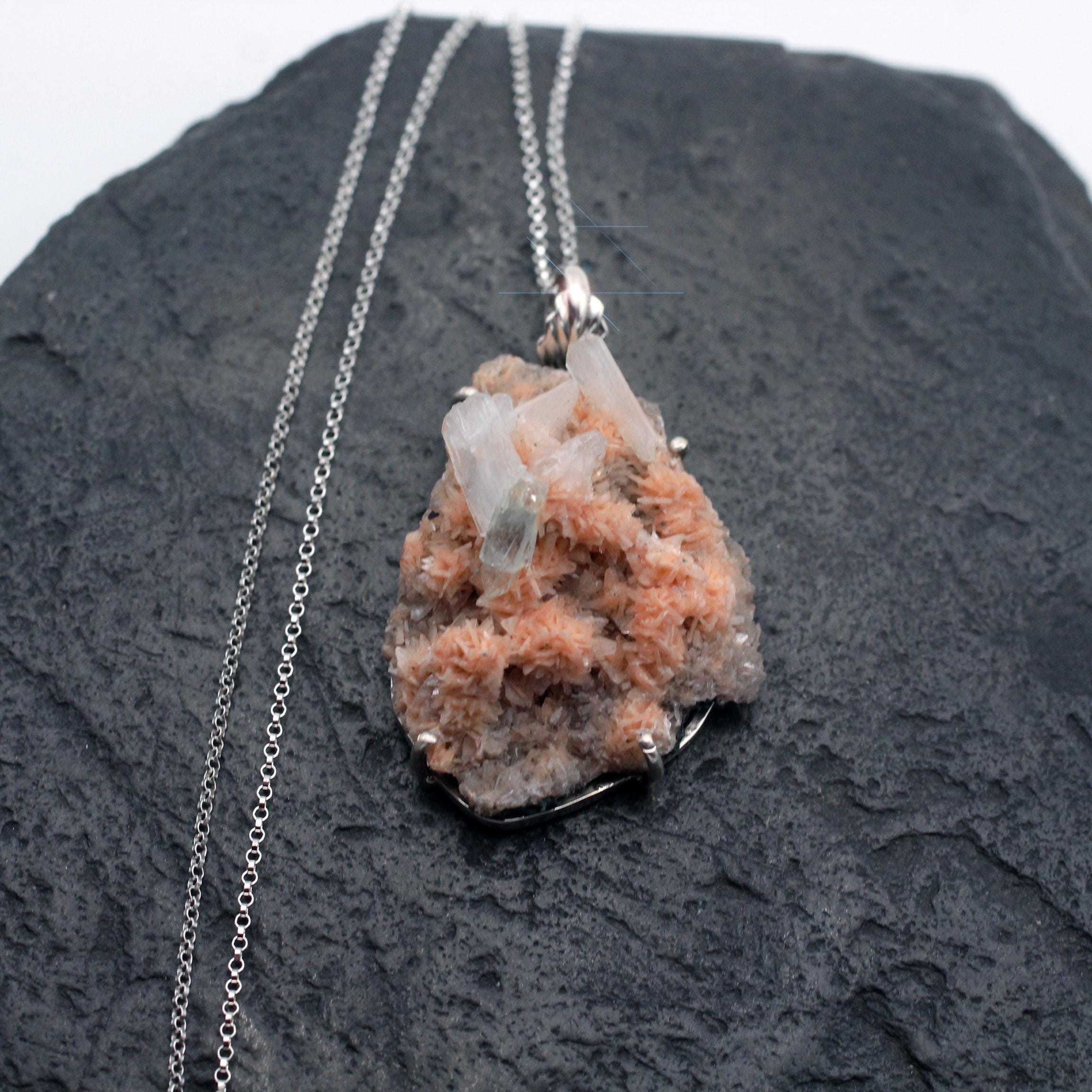 Peach Sugar - Beautiful Peach-orange Heulandite With Stilbite Crystals Sterling Silver Necklace Peach Sugar - Beautiful Peach-orange Heulandite With Stilbite Crystals Sterling Silver Necklace