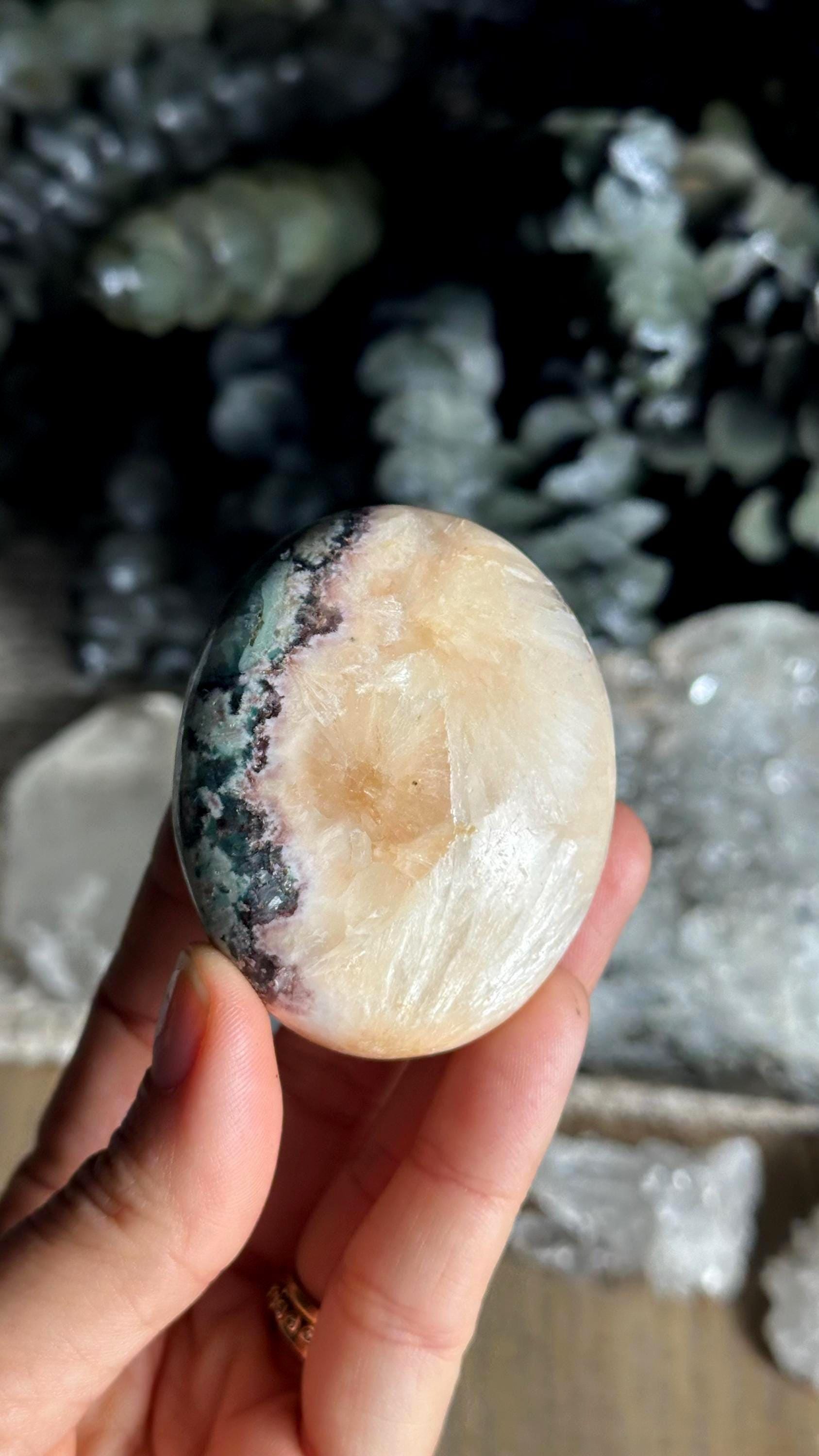 Peach Stilbite With Huelanite Palm Stone, Palmstone