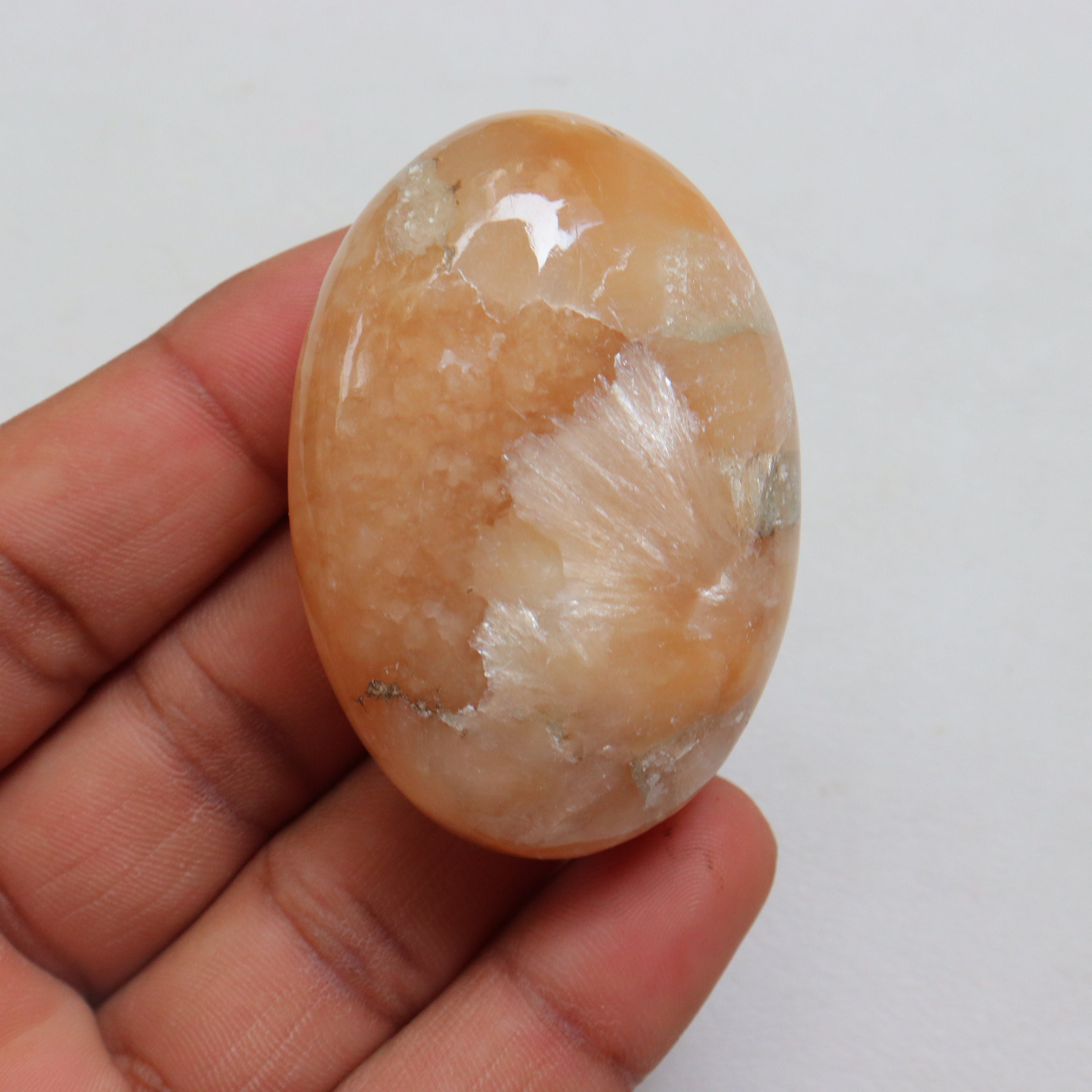 Peach Stilbite Palm Stone, Natural Polished Stilbite Stone, Ethically Sourced, Peach Stilbite With Chatoyant Crystal Stone, Crown Chakra