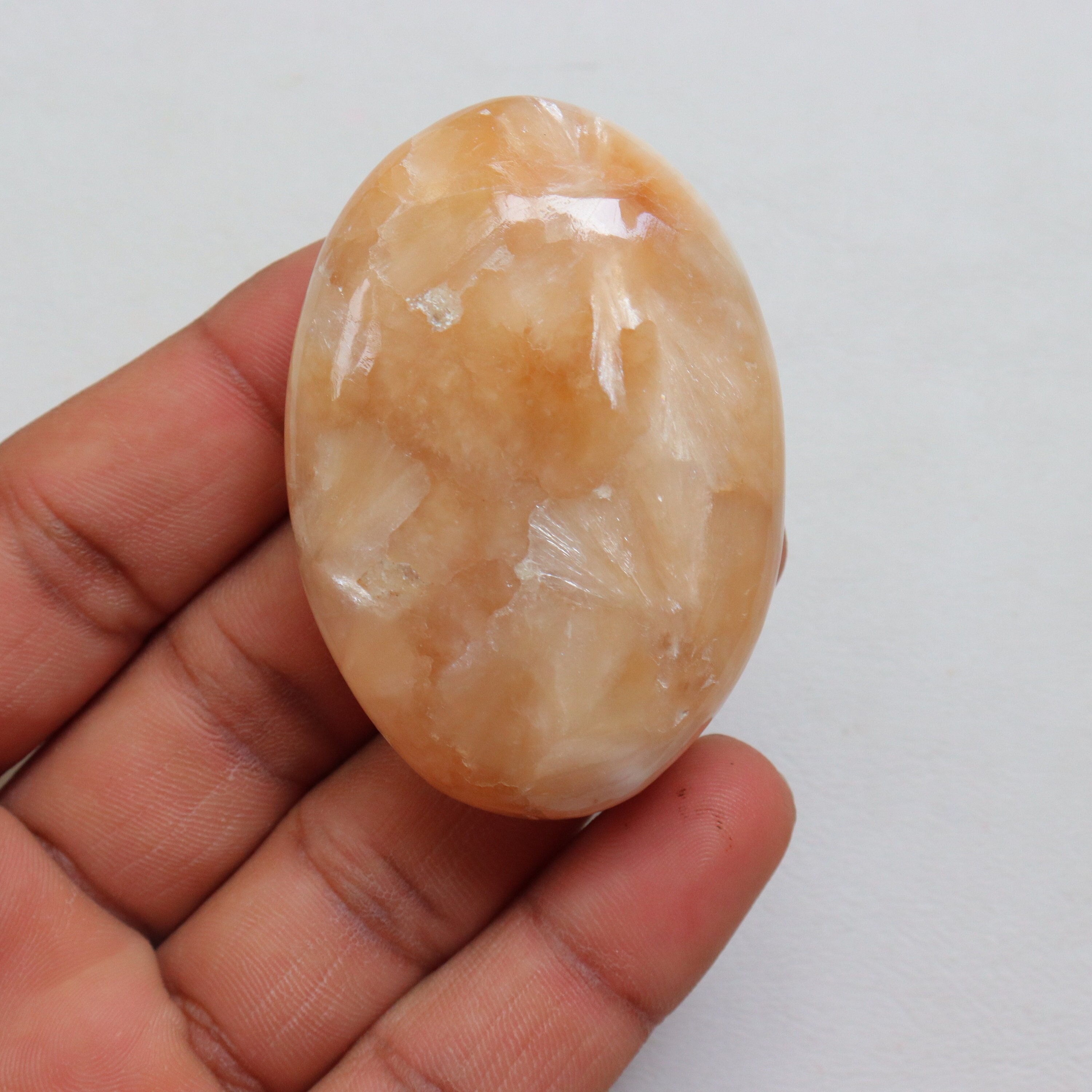 Peach Stilbite Palm Stone, Natural Polished Stilbite Stone, Ethically Sourced, Peach Stilbite With Chatoyant Crystal Stone, Crown Chakra