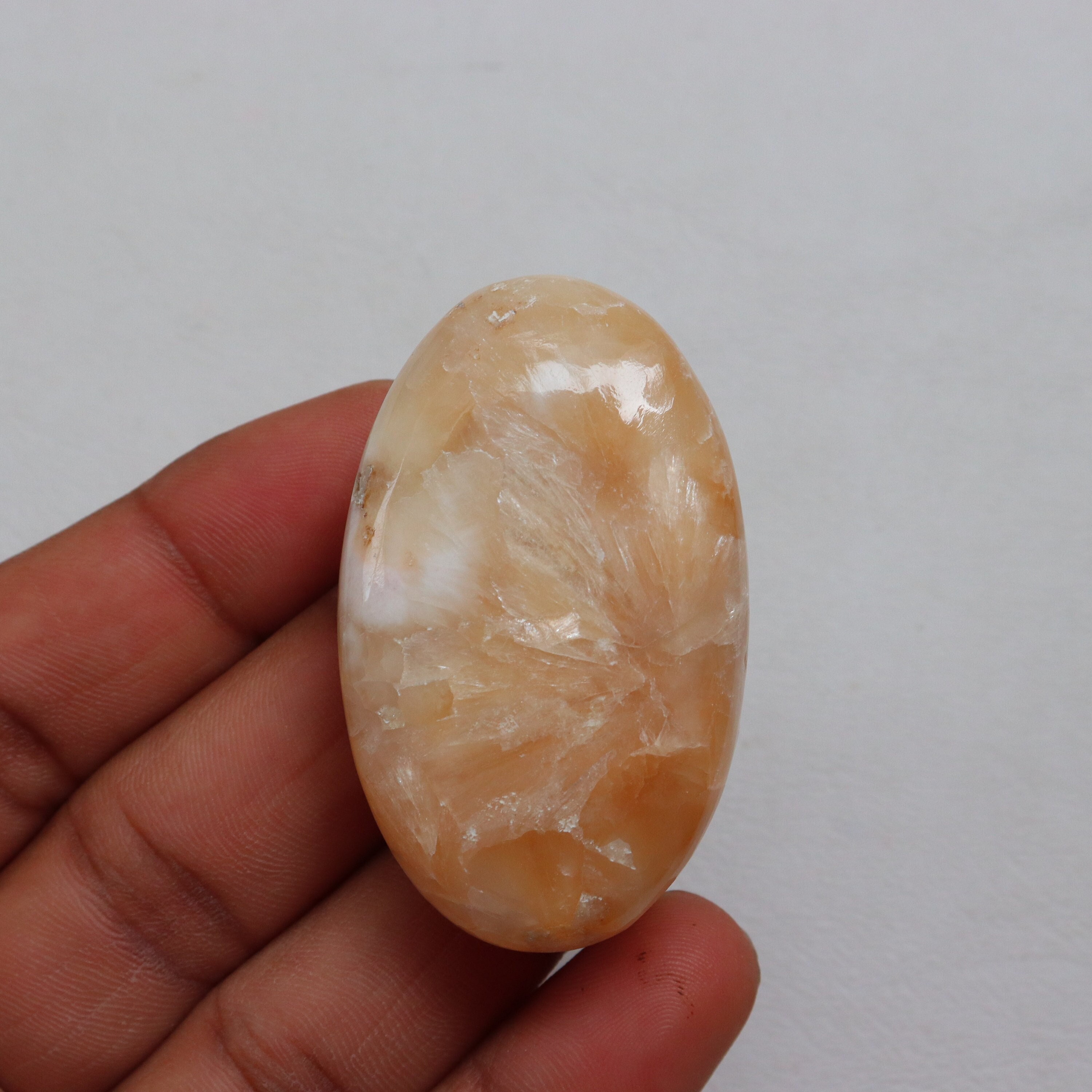 Peach Stilbite Palm Stone, Natural Polished Stilbite Stone, Ethically Sourced, Peach Stilbite With Chatoyant Crystal Stone, Crown Chakra