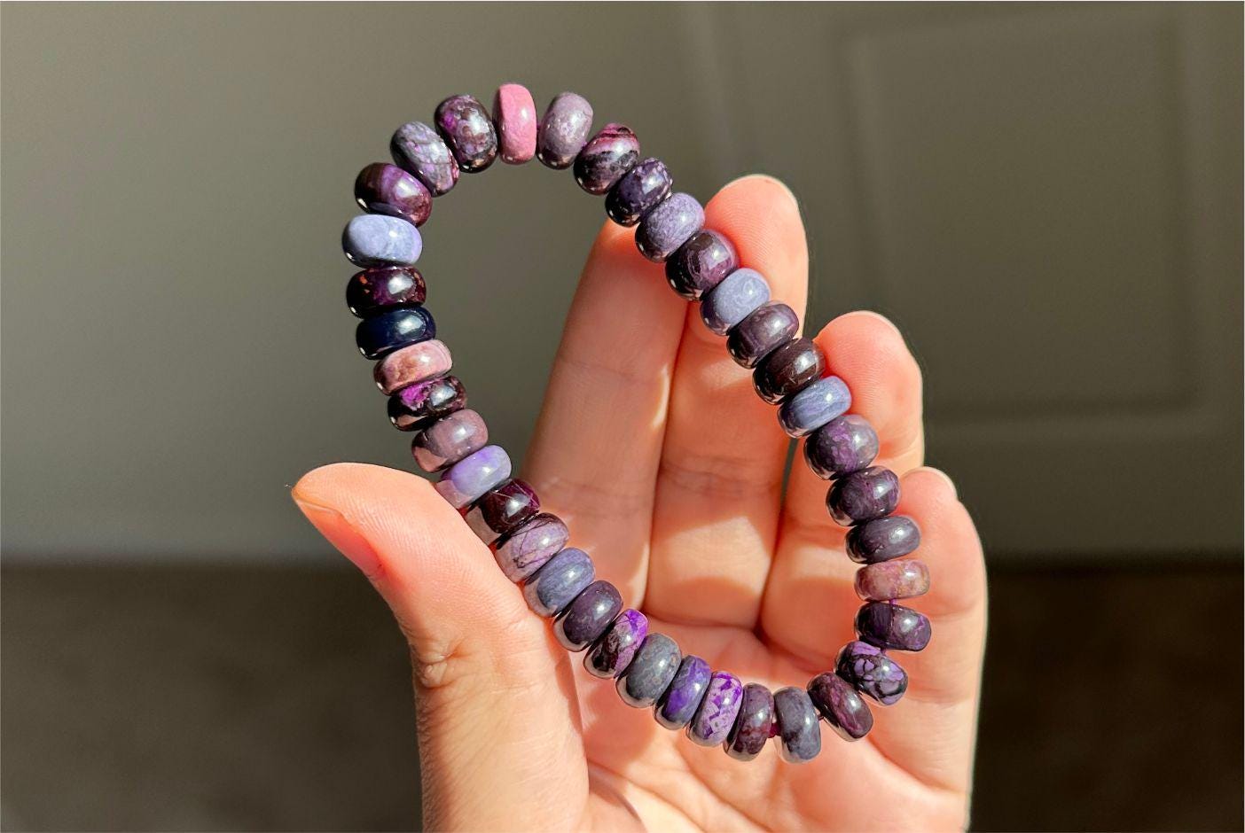9mm, Certified Natural Undyed Old Mine Sugilite Bracelet , Rich Mixed Purple Shades , Smooth Donut Beads, 天然老矿舒俱来算盘珠手串
