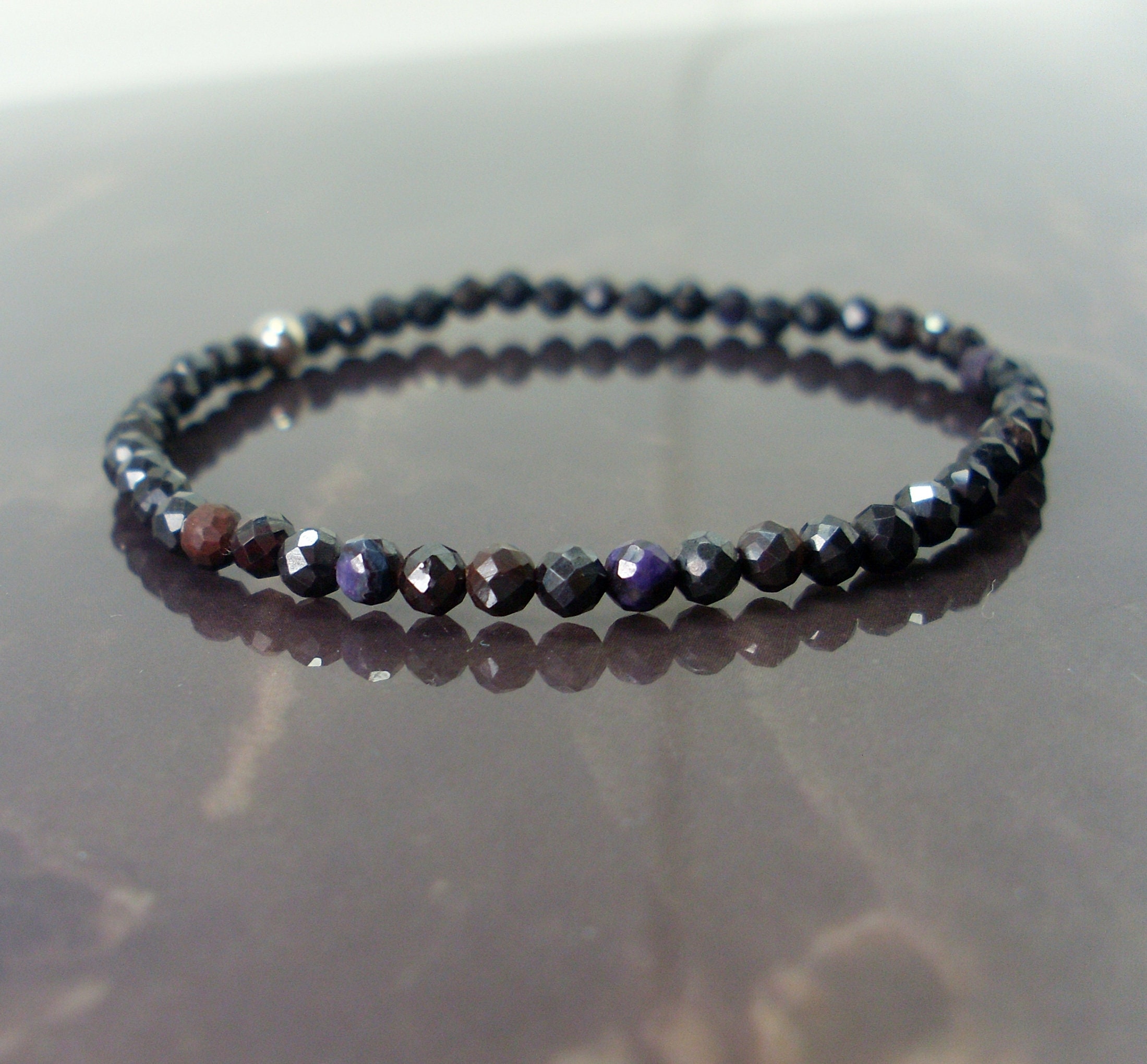 Natural Faceted Sugilite Bracelet South African 3mm Beads + Silver Bead, Natural Gemstone Women Men Beaded Bracelet, Gift Her Him + Gift Box